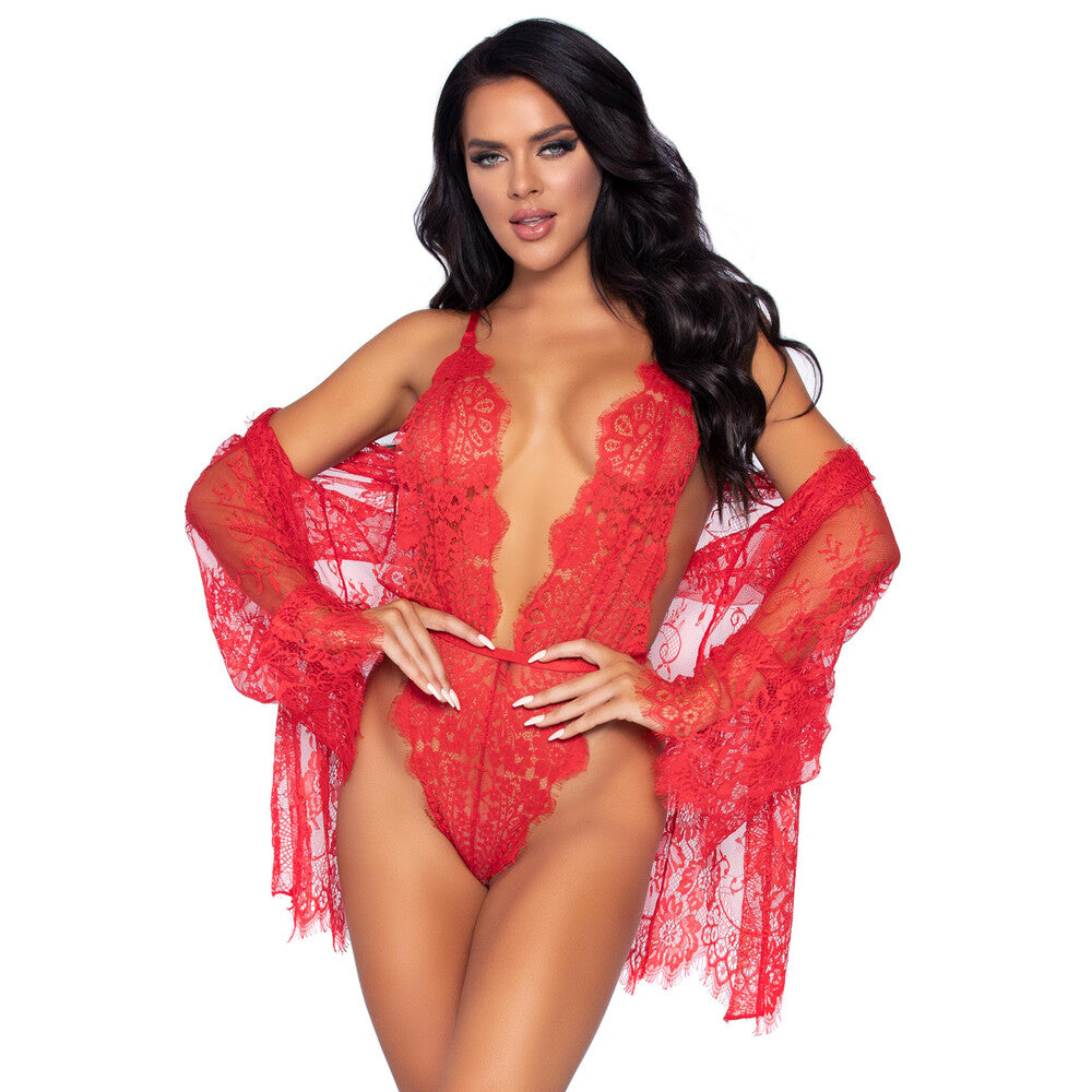 Leg Avenue Floral Lace Teddy and Robe Red - APLTD