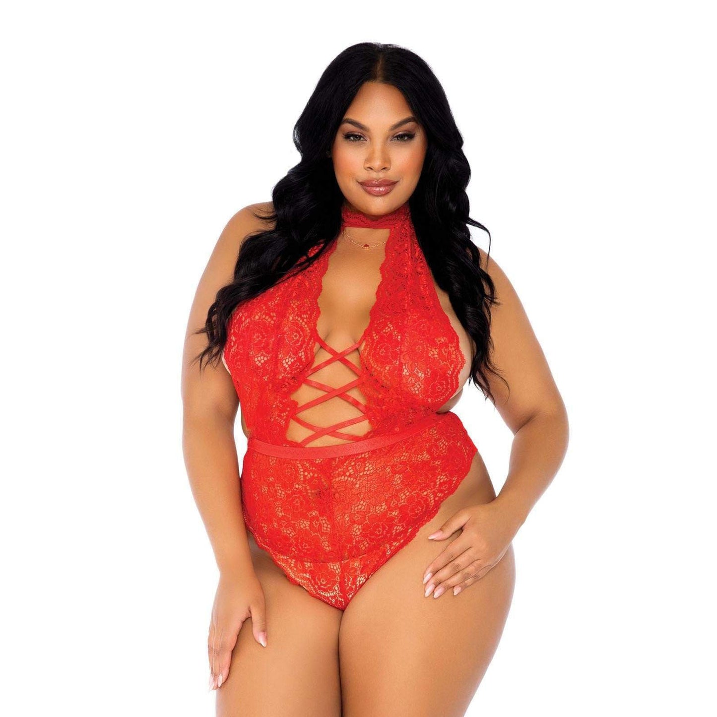 Leg Avenue Floral Lace Crotchless Teddy Red UK 18 to 22 - APLTD