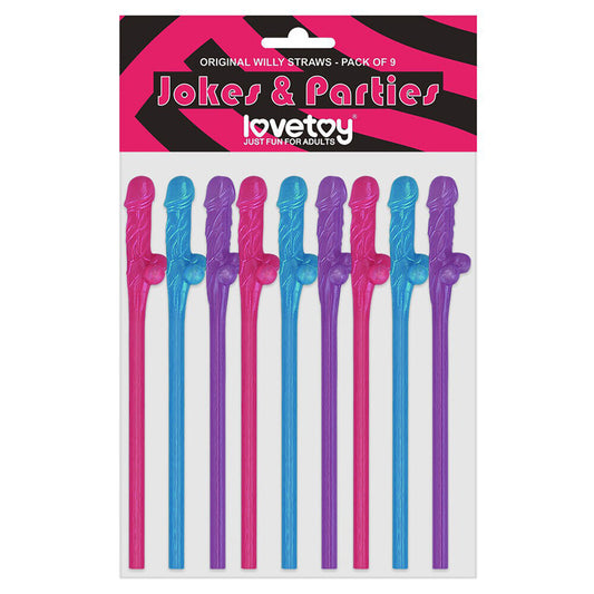 Lovetoy Pack Of 9 Willy Straws Blue Pink And Purple - APLTD